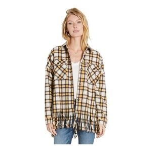 DEAR JOHN Falcon Yellow/Blue Plaid Long Sleeve Button Up Fringed Shacket…
